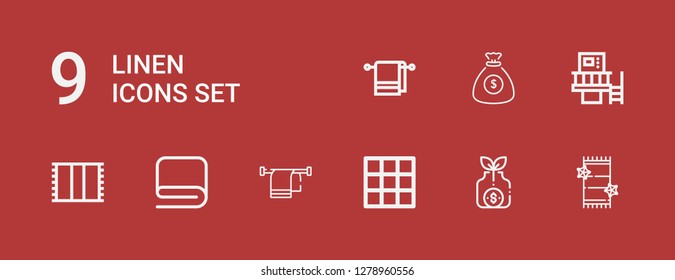 Editable 9 linen icons for web and mobile. Set of linen included icons line Towel, Money bag, Blanket, Machine on red background