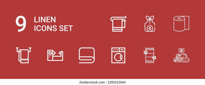 Editable 9 linen icons for web and mobile. Set of linen included icons line Towels, Towel, Washing machine, Machine, Tissue, Money bag on red background