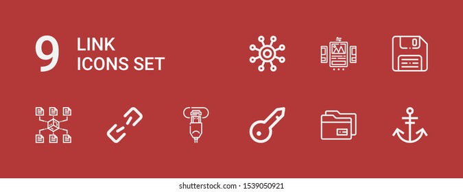 Editable 9 link icons for web and mobile. Set of link included icons line Anchor, Data, Keyword, Hdmi port, Broken link, Network, Diskette, Ui on red background