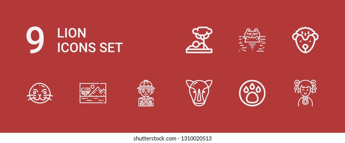 Editable 9 lion icons for web and mobile. Set of lion included icons line Chinese, Animal, Rhino, Safari, Savannah, Sea lion, Hedgehog, Hippopotamus on red background