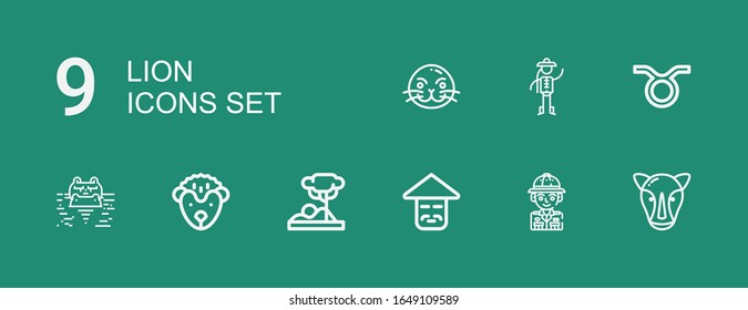Editable 9 lion icons for web and mobile. Set of lion line icons including: Rhino, Safari, Chinese, Savannah, Hedgehog, Hippopotamus, Taurus, Sea lion on green background