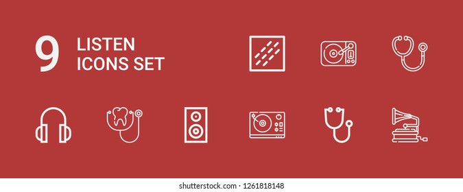 Editable 9 listen icons for web and mobile. Set of listen included icons line Gramophone, Stethoscope, Turntable, Woofer, Headphones, Noise on red background