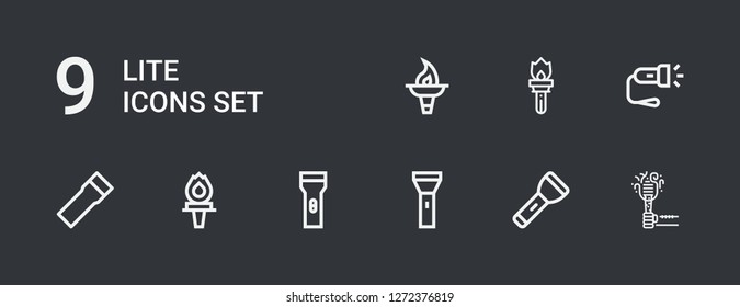 Editable 9 lite icons for web and mobile. Set of lite included icons line Torch, Flashlight on dark background