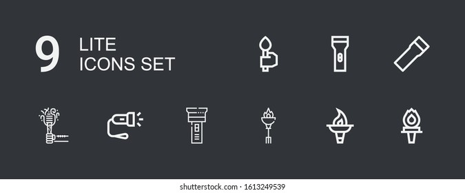 Editable 9 lite icons for web and mobile. Set of lite included icons line Torch, Flashlight on dark background