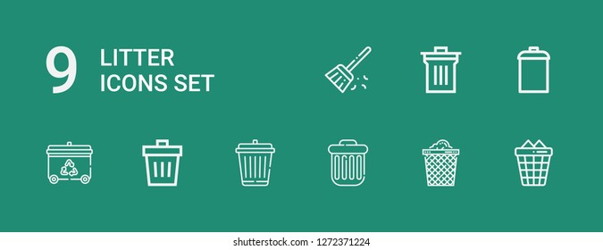 Editable 9 litter icons for web and mobile. Set of litter included icons line Trash can, Trash, Garbage, Recycling bin, Bin, Sweep on green background