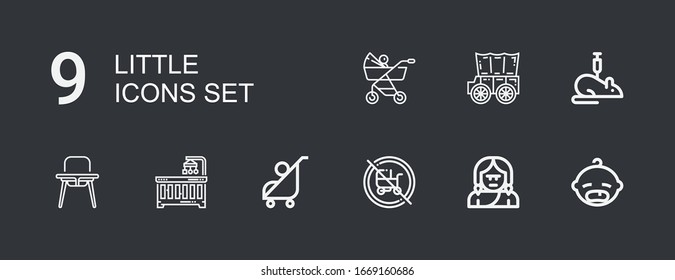 Editable 9 little icons for web and mobile. Set of little included icons line Baby, Troglodyte, Baby carriage, Stroller, Baby crib, chair, Rat, Carriage on dark background