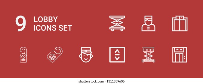 Editable 9 lobby icons for web and mobile. Set of lobby included icons line Lift, Bellboy, Door hanger, Elevator on red background