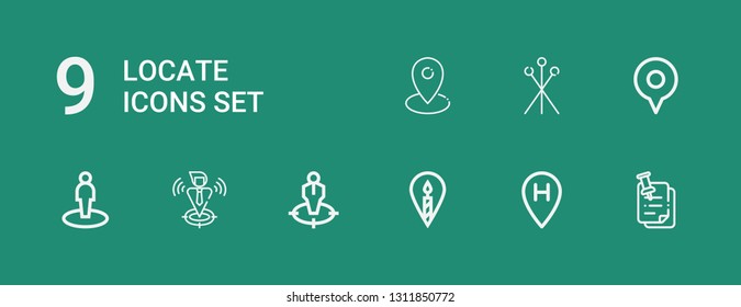 Editable 9 locate icons for web and mobile. Set of locate included icons line Pinned, Location, Position, Locate, Pins on green background