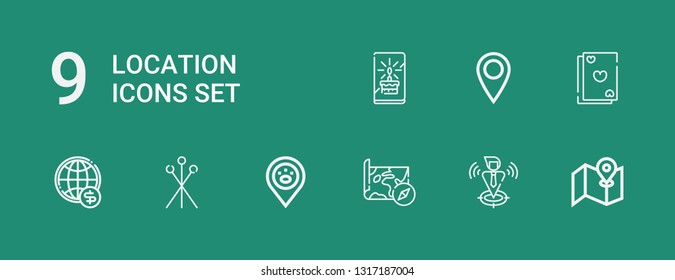 Editable 9 location icons for web and mobile. Set of location included icons line Street map, Locate, Map, Placeholder, Pins, Worldwide, Cards, Card on green background