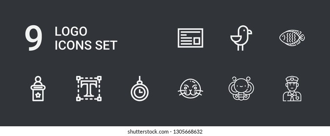 Editable 9 logo icons for web and mobile. Set of logo included icons line Policeman, Butterfly, Sea lion, Hypnosis, Typography, Speech, Fish, Seagull, Newspaper on dark background