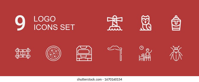 Editable 9 logo icons for web and mobile. Set of logo included icons line Beetle, Waiting room, Mustache, Machine, Salad, Wall bracket, Milkshake, Owl, Lighthouse on red background