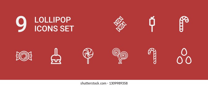 Editable 9 lollipop icons for web and mobile. Set of lollipop included icons line Candies, Candy cane, Lollipop, Candy, Marshmallow on red background
