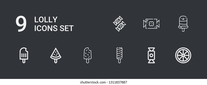 Editable 9 lolly icons for web and mobile. Set of lolly included icons line Candy, Popsicle on dark background