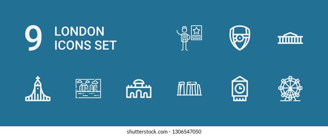 Editable 9 london icons for web and mobile. Set of london included icons line London eye, Big ben, Stonehenge, Alcala gate, Hallgrimskirkja, British museum on blue background