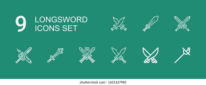 Bearbeitbar 9 Langwortsymbole für Web und Mobile. Satz mit eingesetztem Langwort-Symbole Zeile Sword, Säbel, Schwerter auf grünem Hintergrund