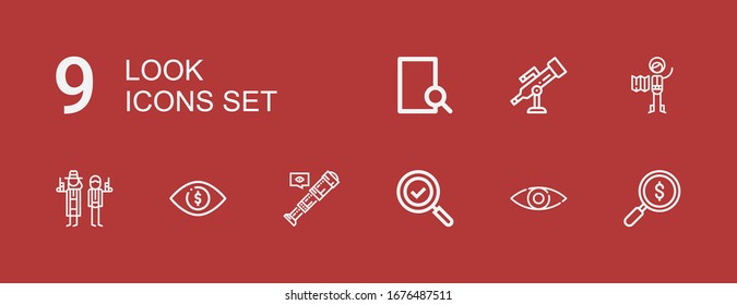 Editable 9 look icons for web and mobile. Set of look included icons line Search, View, Telescope, Eye, Detective, Explorer on red background