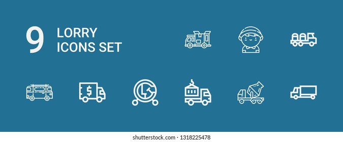 Editable 9 lorry icons for web and mobile. Set of lorry included icons line Delivery truck, Cement truck, Vehicle, Truck, Minibus, Delivery man on blue background