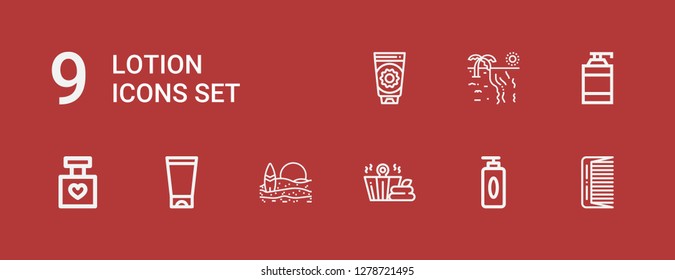 Editable 9 lotion icons for web and mobile. Set of lotion included icons line Comb, Gel, Sauna, Beach, Perfume, Shampoo, Sun cream on red background