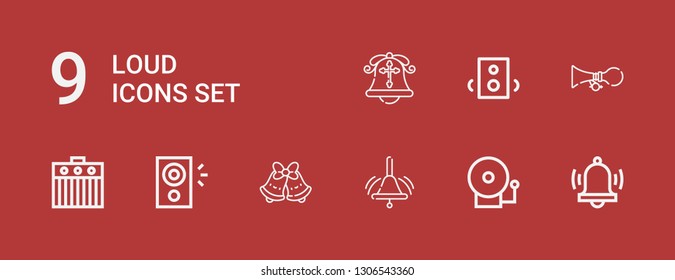 Editable 9 loud icons for web and mobile. Set of loud included icons line Alarm, Alarm bell, Bell, Bells, Speaker, Amplifier, Horn, Speakers on red background