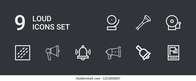 Editable 9 loud icons for web and mobile. Set of loud included icons line Propaganda, Bell, Speaker, Alarm, Megaphone, Noise, Alarm bell, Vuvuzela on dark background