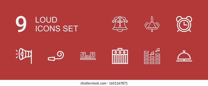 Editable 9 loud icons for web and mobile. Set of loud included icons line Bell, Volume, Amplifier, Speaker, Party whistle, Megaphone, Alarm on red background