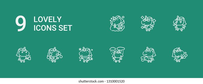 Editable 9 lovely icons for web and mobile. Set of lovely included icons line Unicorn on green background