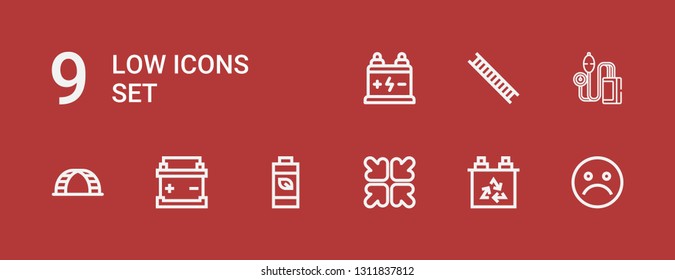 Editable 9 low icons for web and mobile. Set of low included icons line Unhappy, Battery, Reduce, Ladder, Pressure on red background