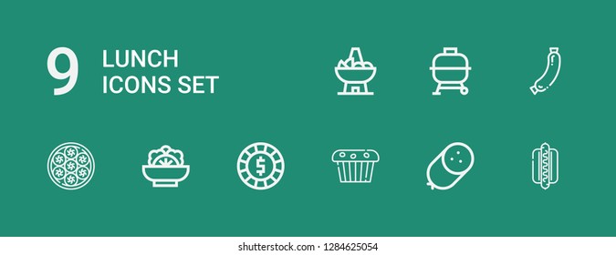 Editable 9 lunch icons for web and mobile. Set of lunch included icons line Hotdog, Sausage, Muffin, Chip, Salad, Baozi, Bbq, Bowl on green background