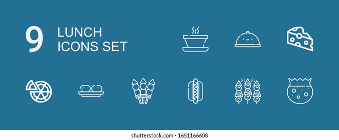 Editable 9 lunch icons for web and mobile. Set of lunch included icons line Bowl, Bbq, Hotdog, Skewer, Croquette, Pizza, Cheese, Tray, Soup on blue background