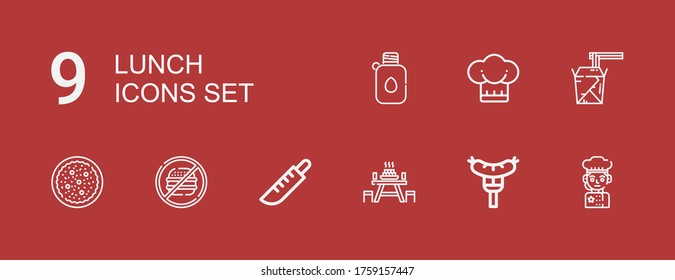 Editable 9 lunch icons for web and mobile. Set of lunch included icons line Chef, Sausage, Picnic table, Knife, Junk food, Salad, Noodles, Canteen on red background