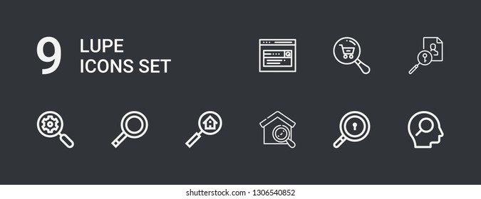 Editable 9 lupe icons for web and mobile. Set of lupe included icons line Search, Magnifying glass on dark background