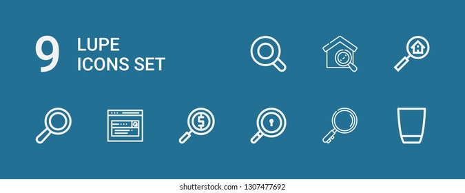 Editable 9 lupe icons for web and mobile. Set of lupe included icons line Glass, Search, Magnifying glass on blue background