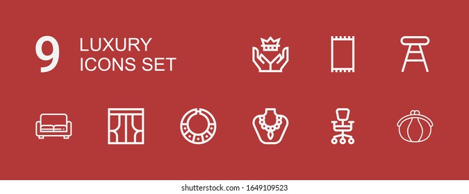 Editable 9 luxury icons for web and mobile. Set of luxury line icons including Purse, Office chair, Necklace, Curtains, Sofa, Stool, Carpet, Crown on red background