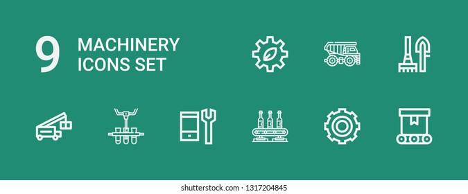 Editable 9 machinery icons for web and mobile. Set of machinery included icons line Conveyor, Gear, Configuration, Crane, Tools, Dumper, Cogwheel on green background