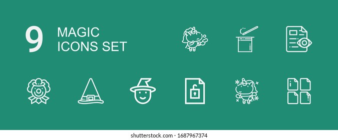 Editable 9 magic icons for web and mobile. Set of magic included icons line File, Unicorn, Witch, Clown, Wand on green background