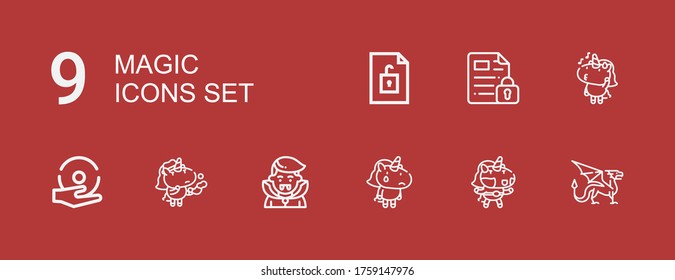 Editable 9 magic icons for web and mobile. Set of magic included icons line Dragon, Unicorn, Dracula, Spell, File on red background