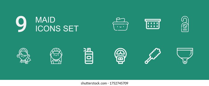 Editable 9 Maid Icons For Web And Mobile. Set Of Maid Included Icons Line Dustpan, Duster, Parking Meter, Spray Bottle, Maid, Door Hanger, Laundry Basket, Wet Wipes On Green Background