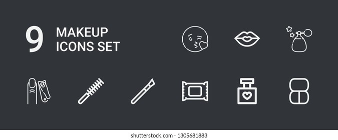 Editable 9 makeup icons for web and mobile. Set of makeup included icons line Makeup, Perfume, remover, Comb, Nail clippers, Kiss on dark background