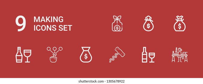 Editable 9 making icons for web and mobile. Set of making included icons line Candle making, Wine, Corkscrew, Money bag, Choice on red background