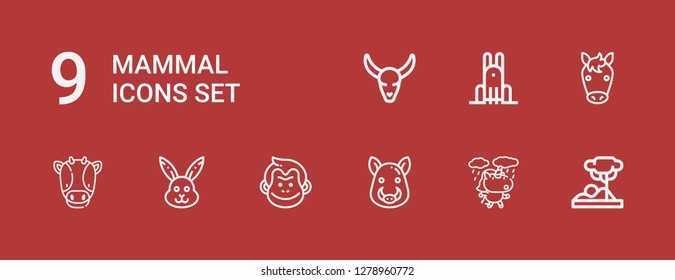 Editable 9 mammal icons for web and mobile. Set of mammal included icons line Savannah, Unicorn, Boar, Monkey, Rabbit, Cow, Horse, Bull skull on red background
