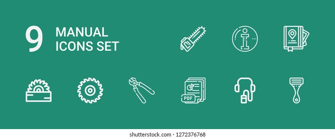 Editable 9 manual icons for web and mobile. Set of manual included icons line Razor, Audio guide, Pdf, Pliers, Saw, Guide, Info on green background