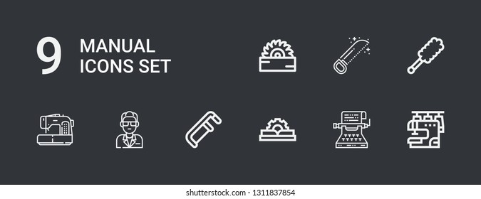 Editable 9 manual icons for web and mobile. Set of manual included icons line Sewing machine, Typewriter, Manual, Saw, Guide, Duster on dark background