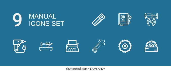 Editable 9 iconos manuales para web y móvil. Conjunto manual de iconos incluidos línea Saw, máquina de escribir, máquina de coser, taladro, Guía sobre fondo azul