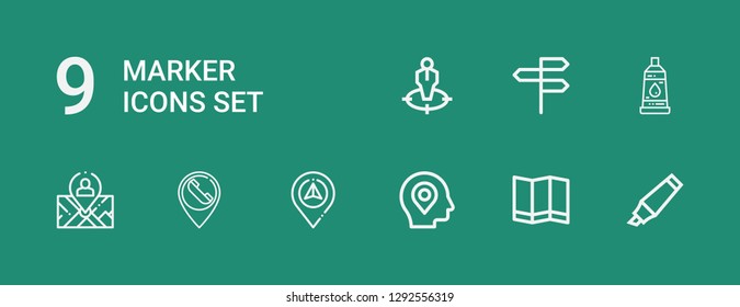 Editable 9 marker icons for web and mobile. Set of marker included icons line Highlighter, Map, Location, Navigation, Placeholder, Position, Paint tube, Directions on green background