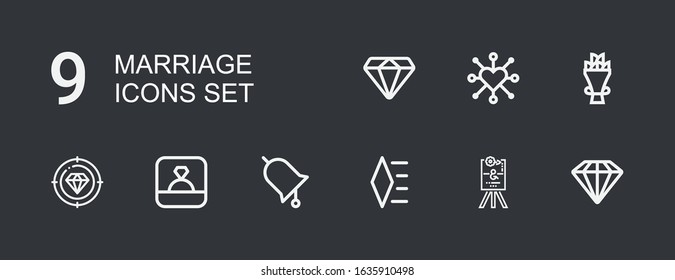 Editable 9 marriage icons for web and mobile. Set of marriage included icons line Diamond, Wedding sign, Ring, Bouquet, Heart on dark background