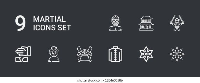 Editable 9 martial icons for web and mobile. Set of martial included icons line Shuriken, Kimono, Samurai, Sumo, Martial arts, Ninja, Dojo, Wrestler on dark background