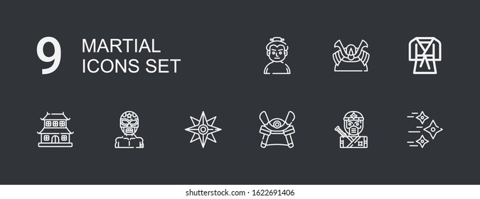 Editable 9 martial icons for web and mobile. Set of martial included icons line Shuriken, Ninja, Samurai, Wrestler, Dojo, Judo, Shogun, Sumo on dark background