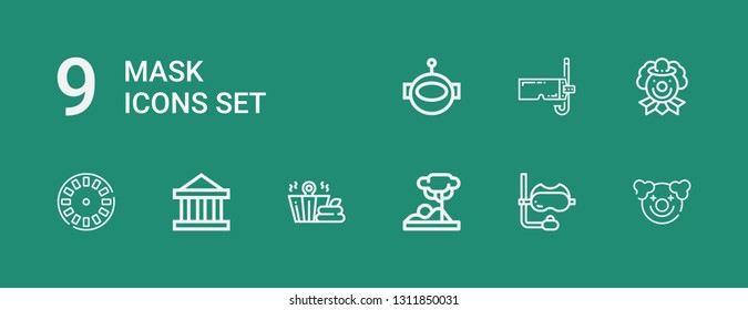 Editable 9 mask icons for web and mobile. Set of mask included icons line Clown, Snorkel, Savannah, Sauna, Theater, Stereoscope, Diving mask, Aqualung on green background