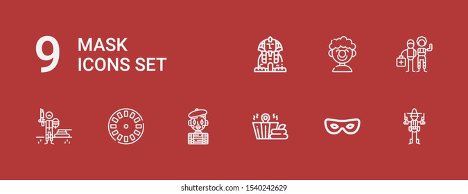 Editable 9 mask icons for web and mobile. Set of mask included icons line Bandit, Mask, Sauna, Mime, Stereoscope, Paintball, Clown, Sphinx on red background
