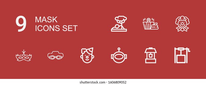 Editable 9 mask icons for web and mobile. Set of mask included icons line Well, Aqualung, Clown, Goggle, Mask, Sauna, Savannah on red background